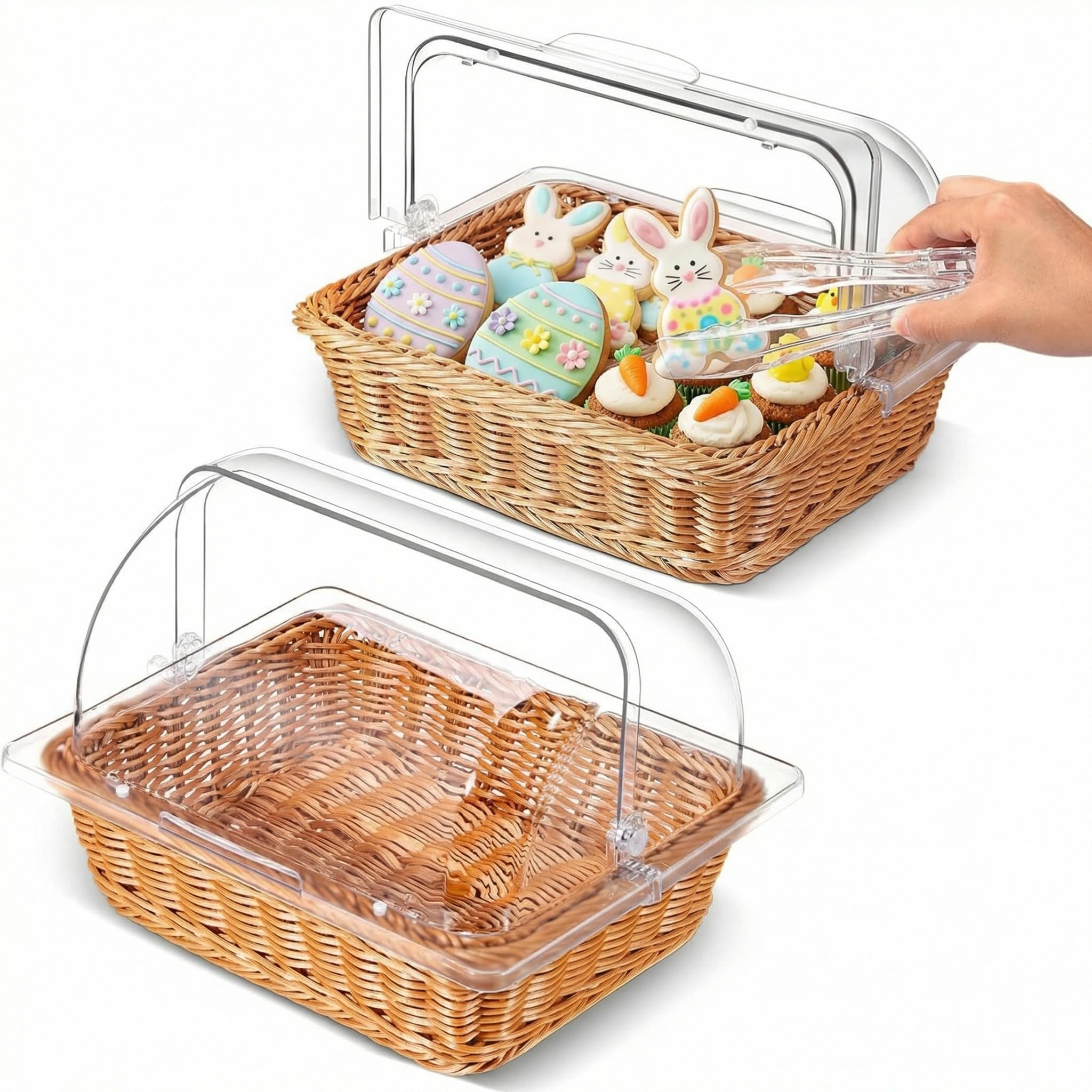 Set Di 2 Cestini Per Pane In Finto Rattan Con Coperchio Acrilico 40x30x15 Cm Per Casa E 431969