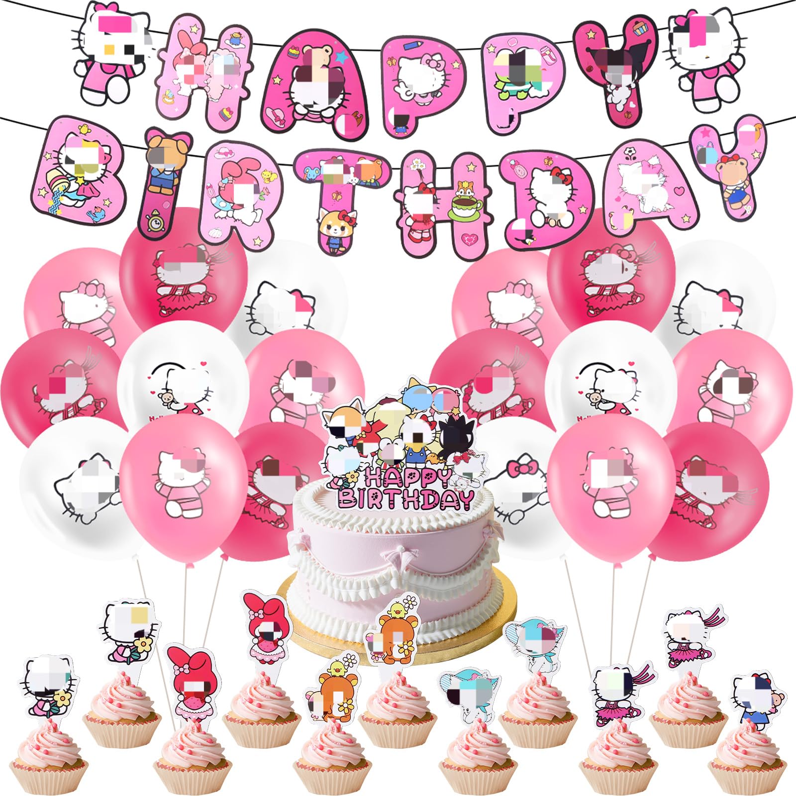 35PCS Cartoon Birthday Decorations, Pink Party Balloon Kit, Birthday Party Decorations Happy birthday Banner Cake Topper for Girl Theme Party Supplies