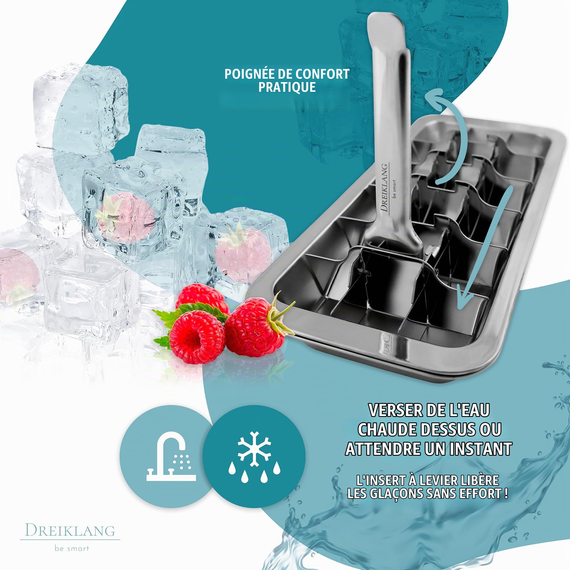 Dreiklang - be smart Bac à Glaçons Inox Lot de 2 18/8 poli avec Levier – Moule à Glace sans plastique & alimentaire pour 36 gros glaçons Ice Cube
