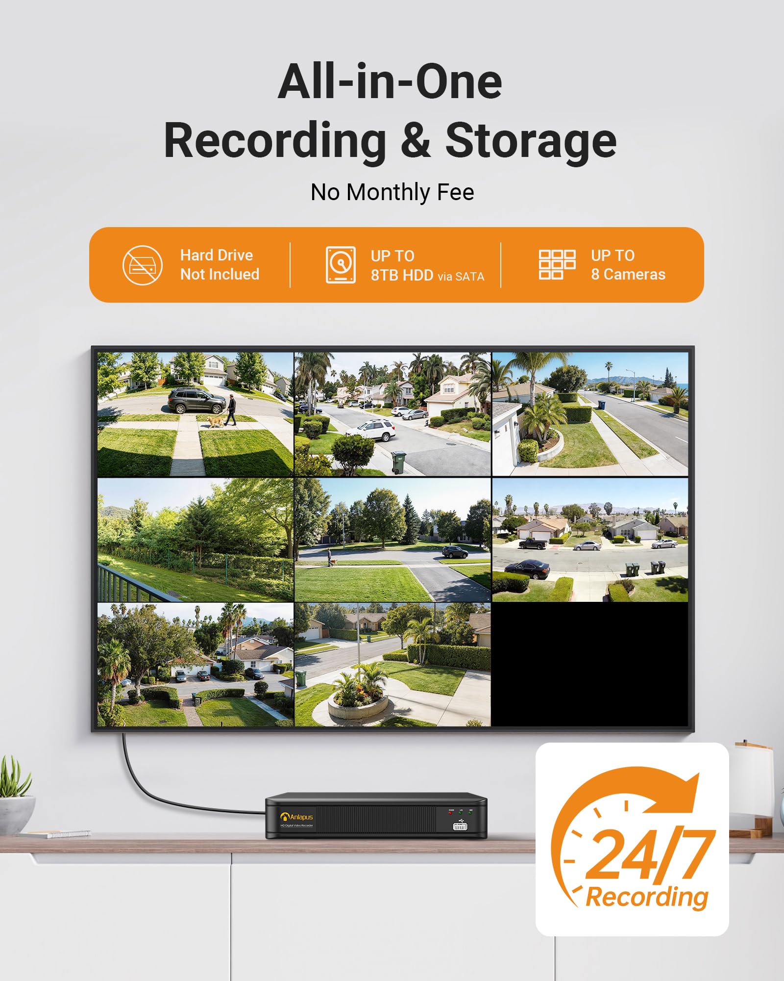 Anlapus Set di telecamere di sorveglianza 1080P per esterni, 8CH DVR senza HDD, 8 telecamere dome da 2 MP, videosorveglianza KI, riconoscimento persone e veicoli, impermeabile IP66, visione notturna