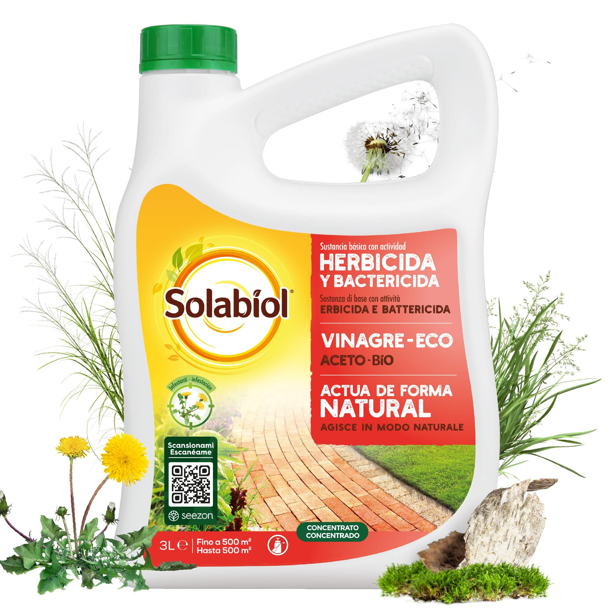 Solabiol, herbicida orgánico completo listo para usar, herbicida para malas hierbas y musgo con efecto desecante, ideal para calzadas y bordes, 3L