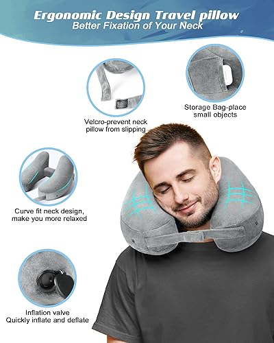 Miniatura 9 de JefDiee Almohada inflable de viaje, almohada de cuello de avión que soporta cómodamente la cabeza y la barbilla para aviones, trenes, automóviles y