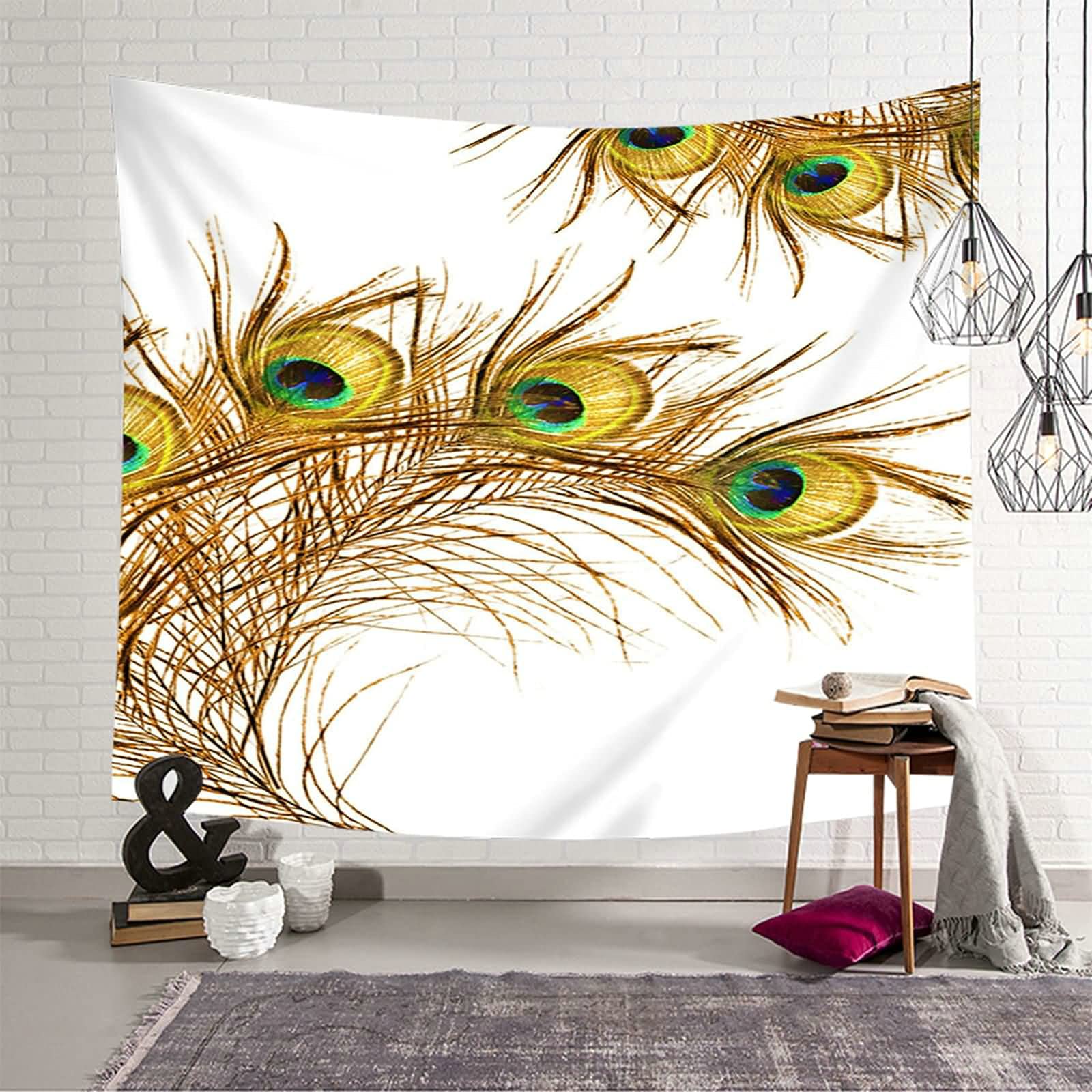 Tapiz de pared con plumas de pavo real decoración poliéster verde amarillento KnSam