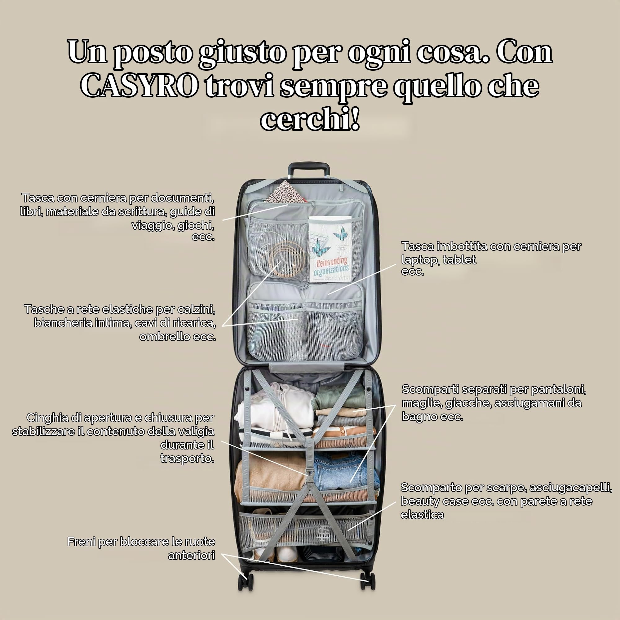 Valigia da aprire, stand-up, valigetta rigida, trolley da viaggio, utilizzabile come armadio, valigetta con 4 ruote, 120 l, L, nero/grigio, Trolley rigido con ruote girevoli