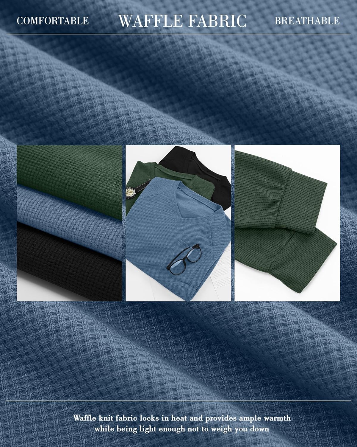 Neer 3 Pack Men's Big and Tall Waffle Thermal Long Sleeve Shirts V Neck Tops Casual Pullover Knit Undershirt with Pockets - Image 3
