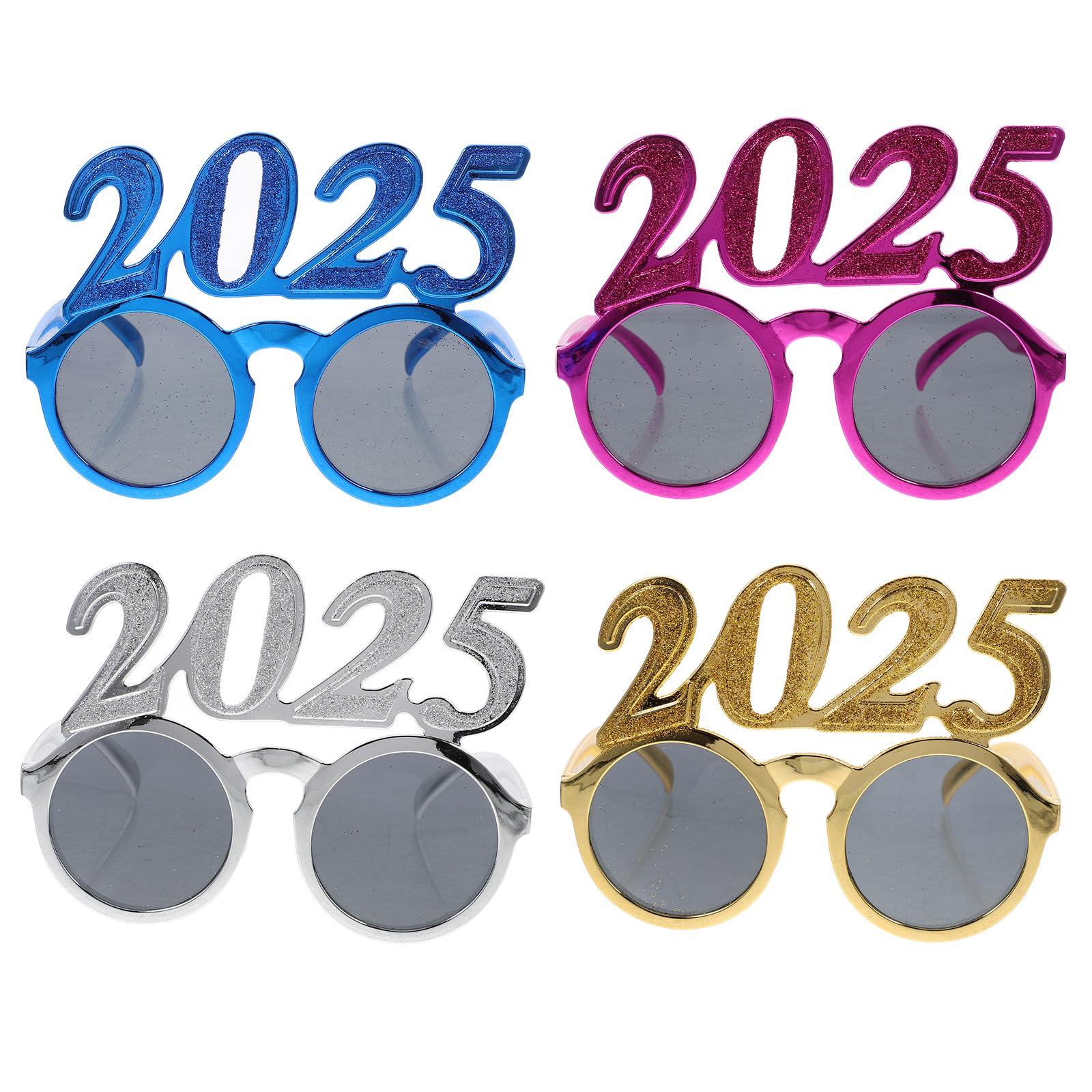 LOGOFUN 4Pcs 2025 New Year Glasses Glitter 2025 Number Eyeglasses Plastic 2025 New Year Plastic Glasse Photo Props for Graduation Party Decoration - Colorful