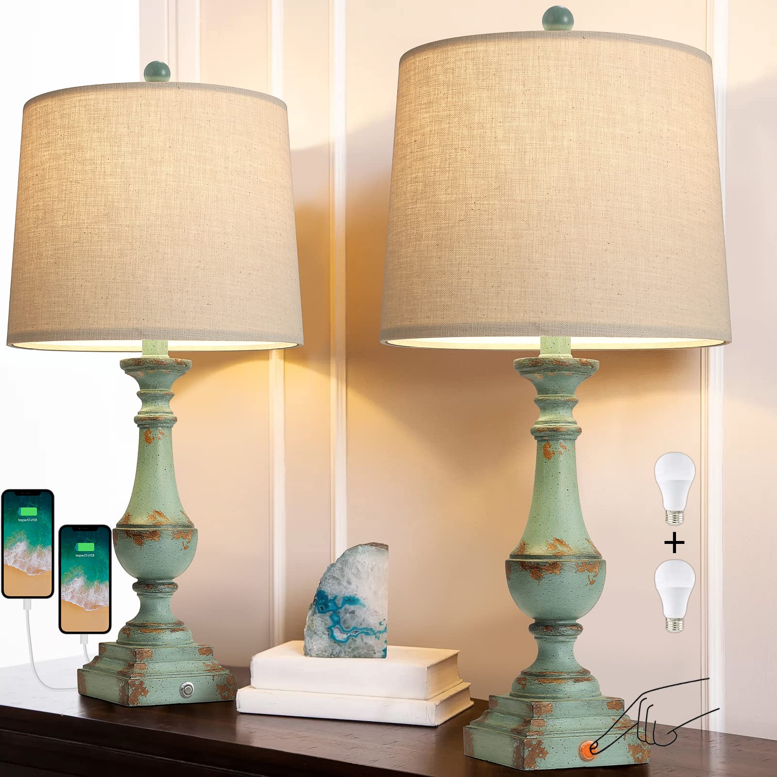 PORTRES 25.75 inches 3 - Way Dimmable Touch Lamps Set of 2 for Bedroom Rustic Bedside Lamp with USB Ports for Living room Kids Room Study Room ï¼ˆGreenï¼‰