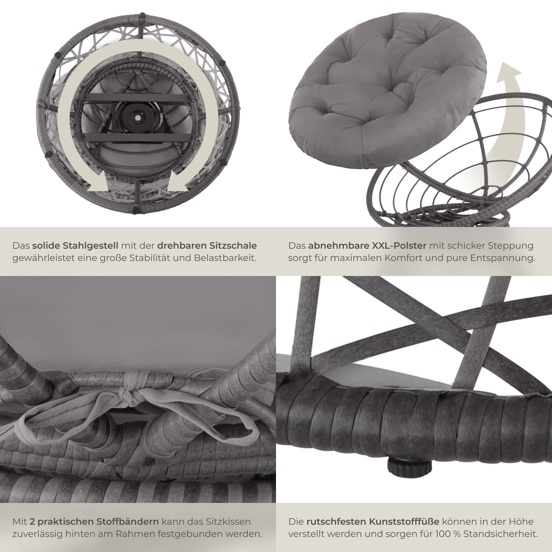 tectake® Papasansessel, gemütlicher Drehsessel mit Kissen rund, bequemer Rattansessel, Loungesessel drehbar, runder Relax Korbsessel Rattan für Wohnzimmer, Leseecke, Lounge - grau
