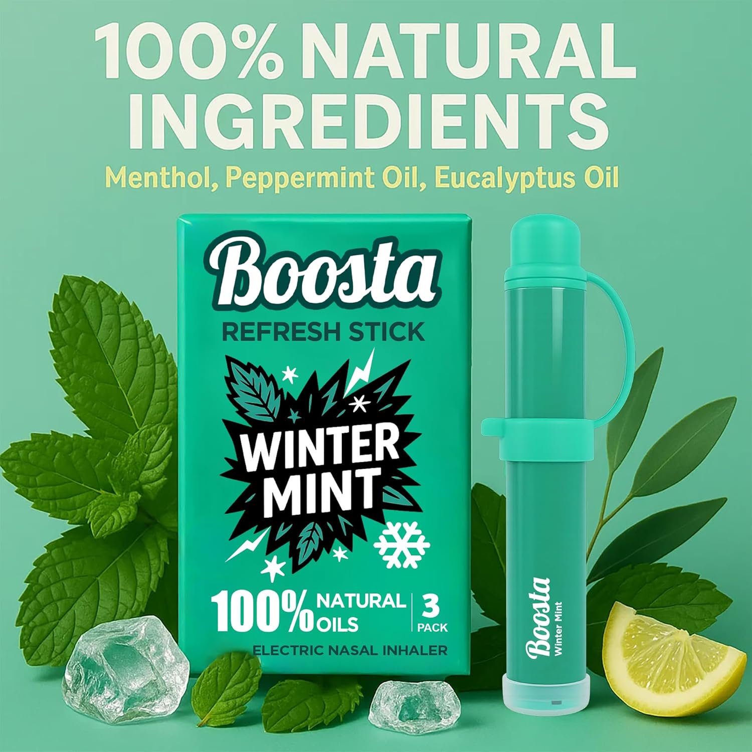 Nasal Inhaler Stick - Focus Herbal Diffuser Pen & Essential Oils Vapor Menthol Inhaler Energy - Non-Medicated Natural Eucalyptus Aromatherapy for Nasal Congestion Relief, Mint 3-Pak