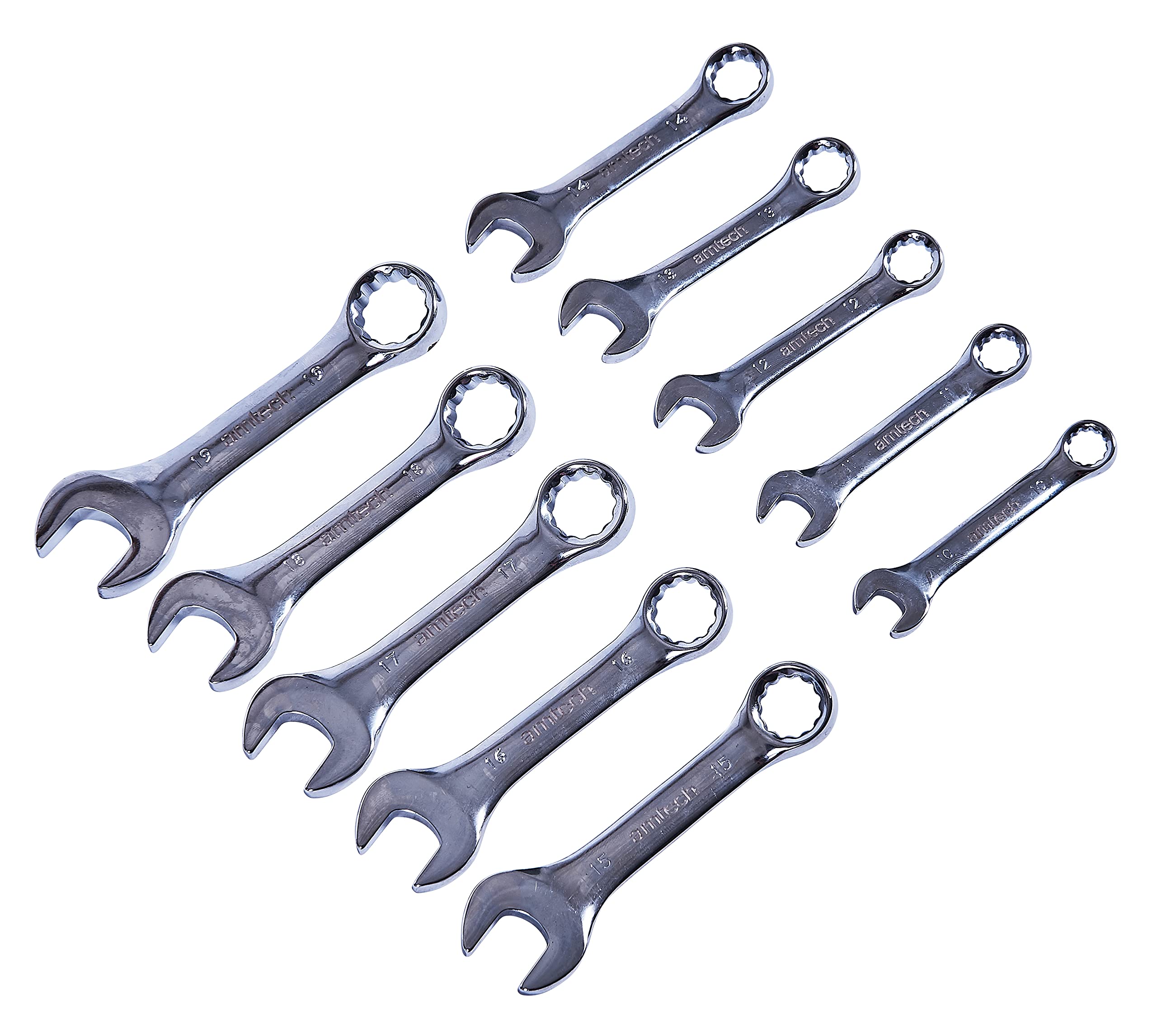 Amtech Silver – Stubby Combination Metric Wrench Set, Drop-Forged Chrome Vanadium Steel, Compact Heads For Tight Spaces, Corrosion-Resistant Rack Storage, 10Pc, 10–19Mm