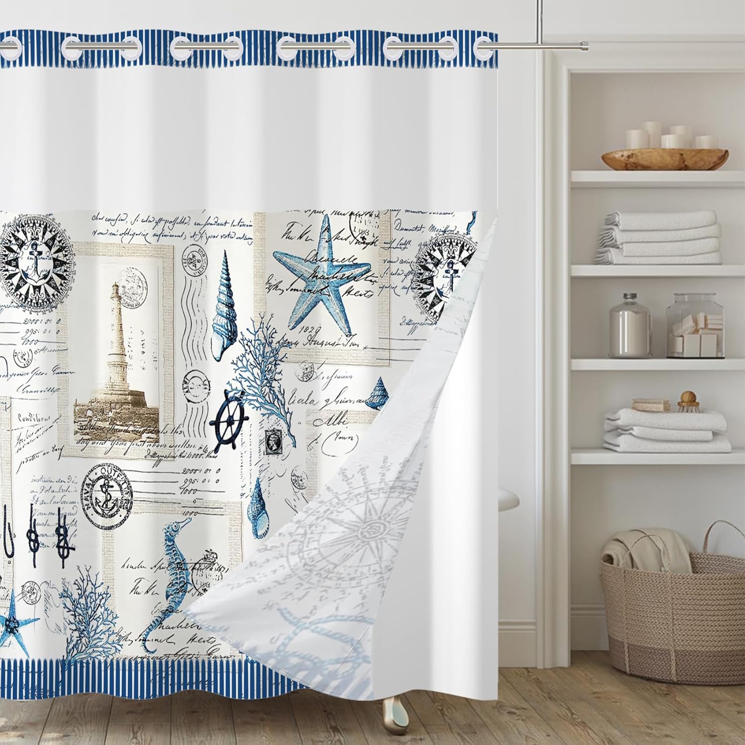 No Hook Shower Curtain,Nautical Double-Layered Shower Curtain with Snap-in Liner and Weights,Blue Vintage Ocean Sea Coastal Theme Fabric Bath Curtain with See Through Mesh, 71x74in