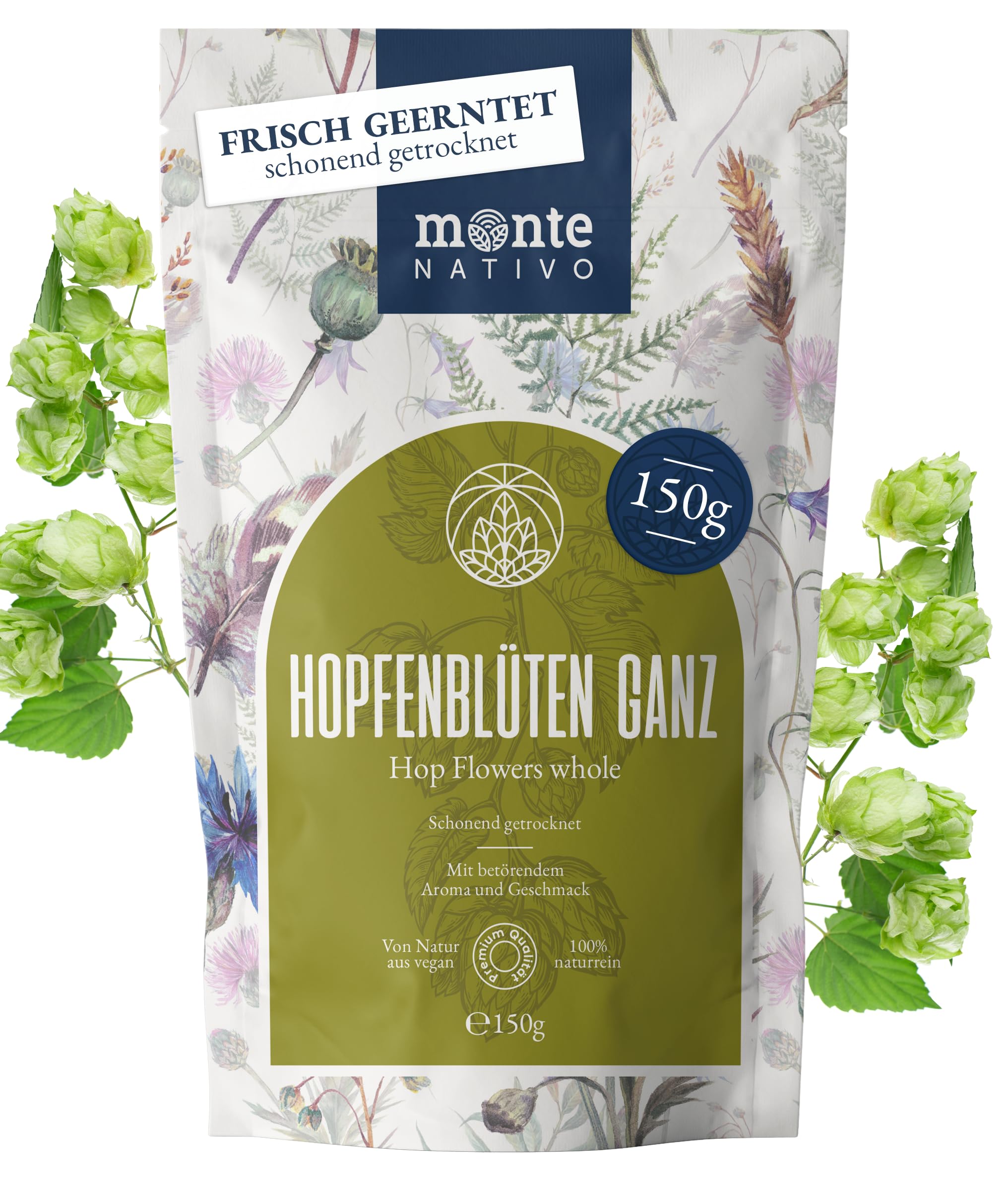 Hopfenblüten ganz Monte Nativo (150g) - Hopfentee schonend getrocknet aus aromatischer Hopfenblüten - 100% Natürlich Hops, Hopfen Tee ohne Zusatzstoffe - Kräutertee für einen köstlichen Aufguss