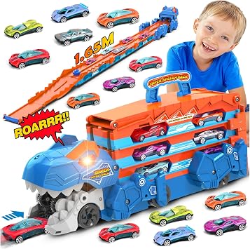 TERRAMUS Dinosaur Toys for 3 4 5 6 Year Olds Boys Gifts, 3-In-1 Ejection Folding Transport Truck with 8 Race Cars for 3 4 5 6 Year Olds Kids, Portable Dinosaur Toy with Sound, Best Gift Vehicles Set