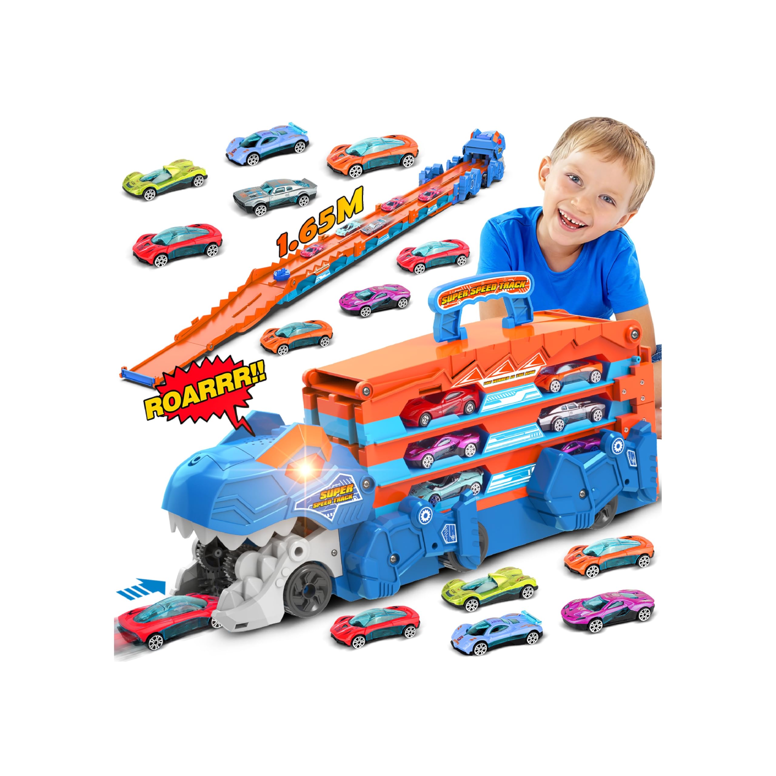 TERRAMUS Camion de transport Dinosaure - Jeu de jouets de voiture 3 en 1 avec éjection, piste pliante portable pour enfants avec 8 voitures de course, jeu de jouets de voiture portable pour enfants