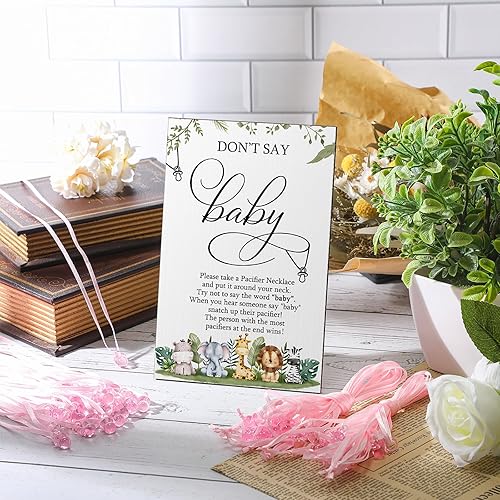 Miniatura 4 de Geetery 51 piezas de letrero de juego con texto en inglés Don't Say Baby Game para baby shower, 50 collares de madera con texto en inglés Don't Say