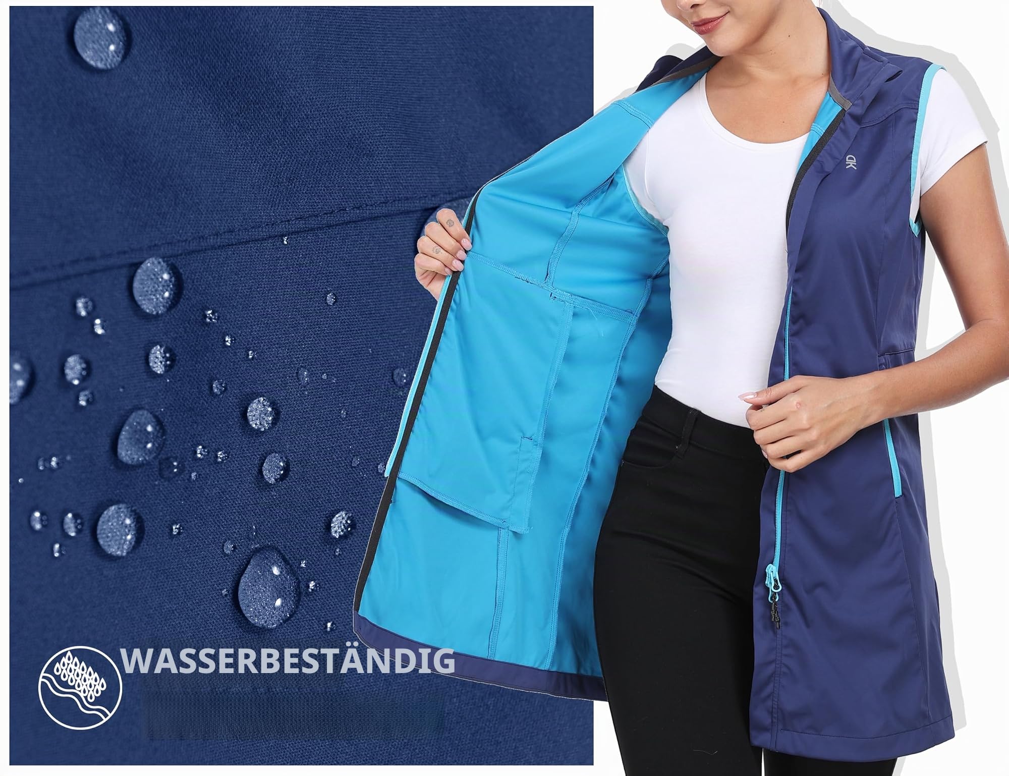 Little Donkey Andy Leichte Softshell-Weste für Damen in langer Ausführung Outdoor-Weste für Damen Lang Winddichte ärmellose Jacke zum Wandern Blau XS