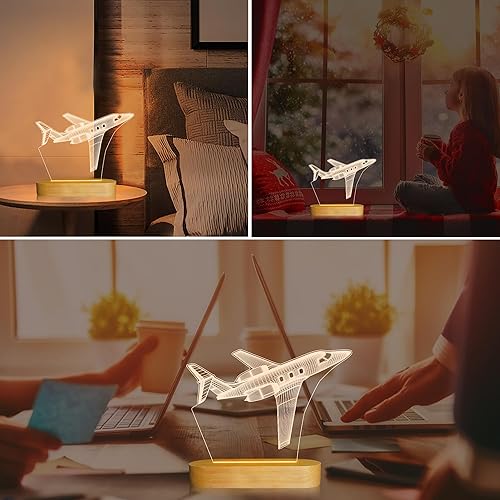 Miniatura 2 de Lámpara de noche de avión con ilusión 3D, lámpara de mesa de madera de colores cálidos suaves para niños, regalos de piloto con alimentación USB