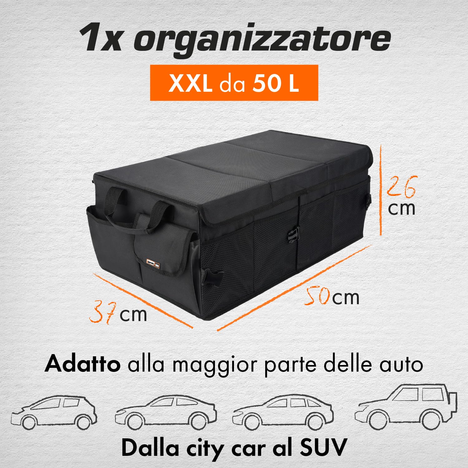 Upgrade4cars Organizer Bagagliaio Auto Grande | Borsa Porta-oggetti da Baule Universale | Organizzatore Portabagagli | Contenitore Cofano Macchina Pieghevole | Accessori Viaggio Gadget Utili