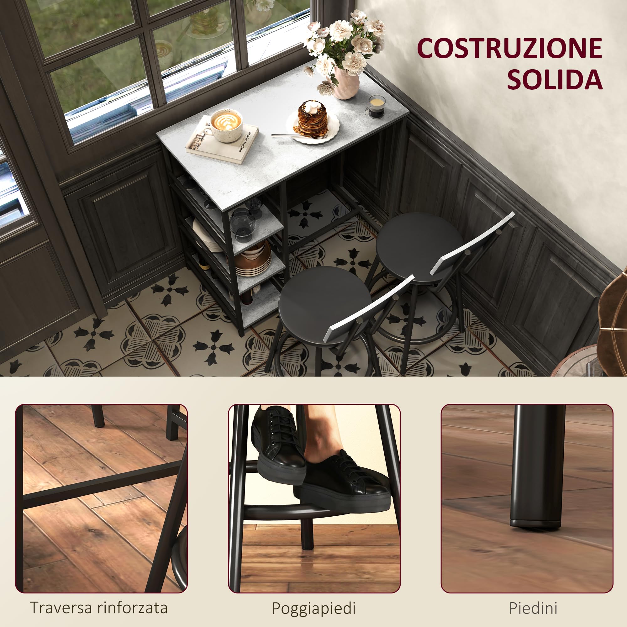 HOMCOM Set Tavolo Bar con 2 Sgabelli, Bancone Bar con 3 Ripiani, Tavolo Alto con Sgabelli Bar con Schienale, Tavolino Bar per Pranzo, Soggiorno e Cucina, Grigio Chiaro