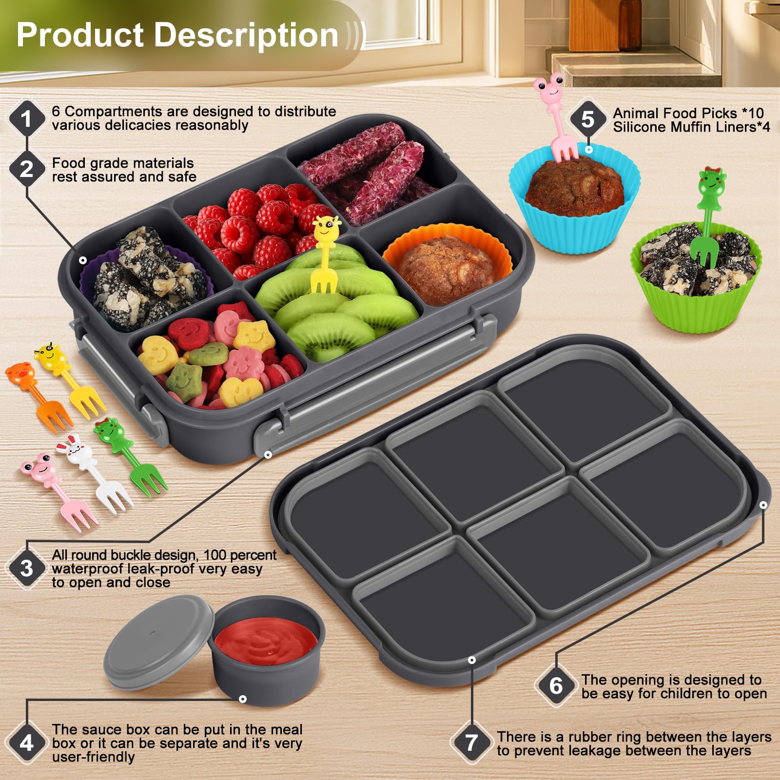 Amathley Brotdose Kinder mit FäChern,Bento Box Kinder,Brotdose Erwachsene,1200ml Lunchbox snackbox mit 6 FäChern,Saucenbehälter,10 Cartoon Bento Obstgabeln und 4 Muffinförmchen (Dunkelgrau) - 4