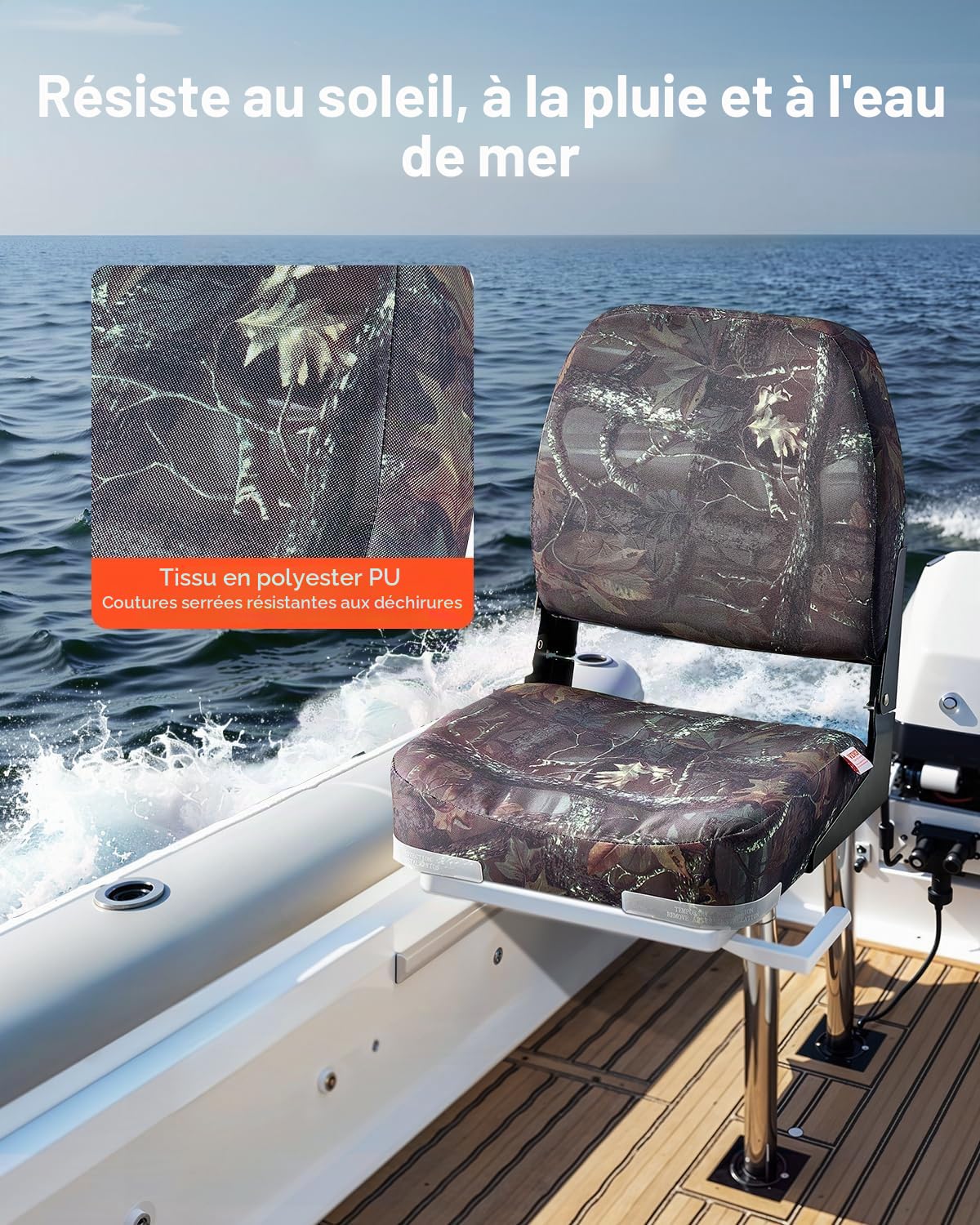 VEVOR Siège de bateau à dossier bas, chaise de bateau de pêche pliable avec coussin en éponge épais et tissu en polyester PU, cadre en PP solide, rabattable, pour yachts, navires, 2 pièces, camouflage