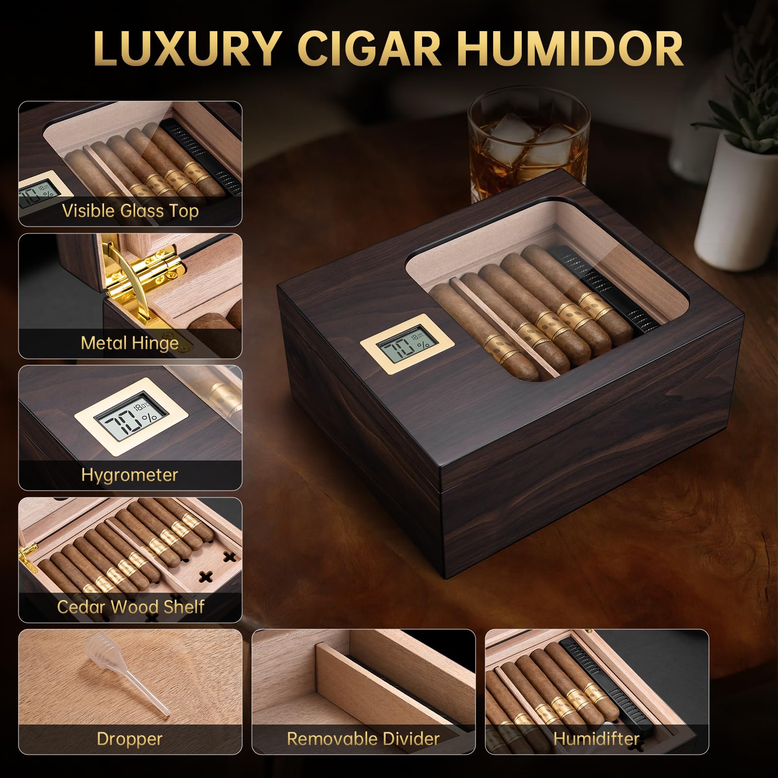 Zigarren Humidor aus Zedernholz, Zigarrenbox mit Hygrometer und Luftbefeuchter, Doppelraum Zigarrenkiste mit Regal für 45-55 Zigarren, Männer Geschenk Zigarren Zubehör (Dunkelbraun)
