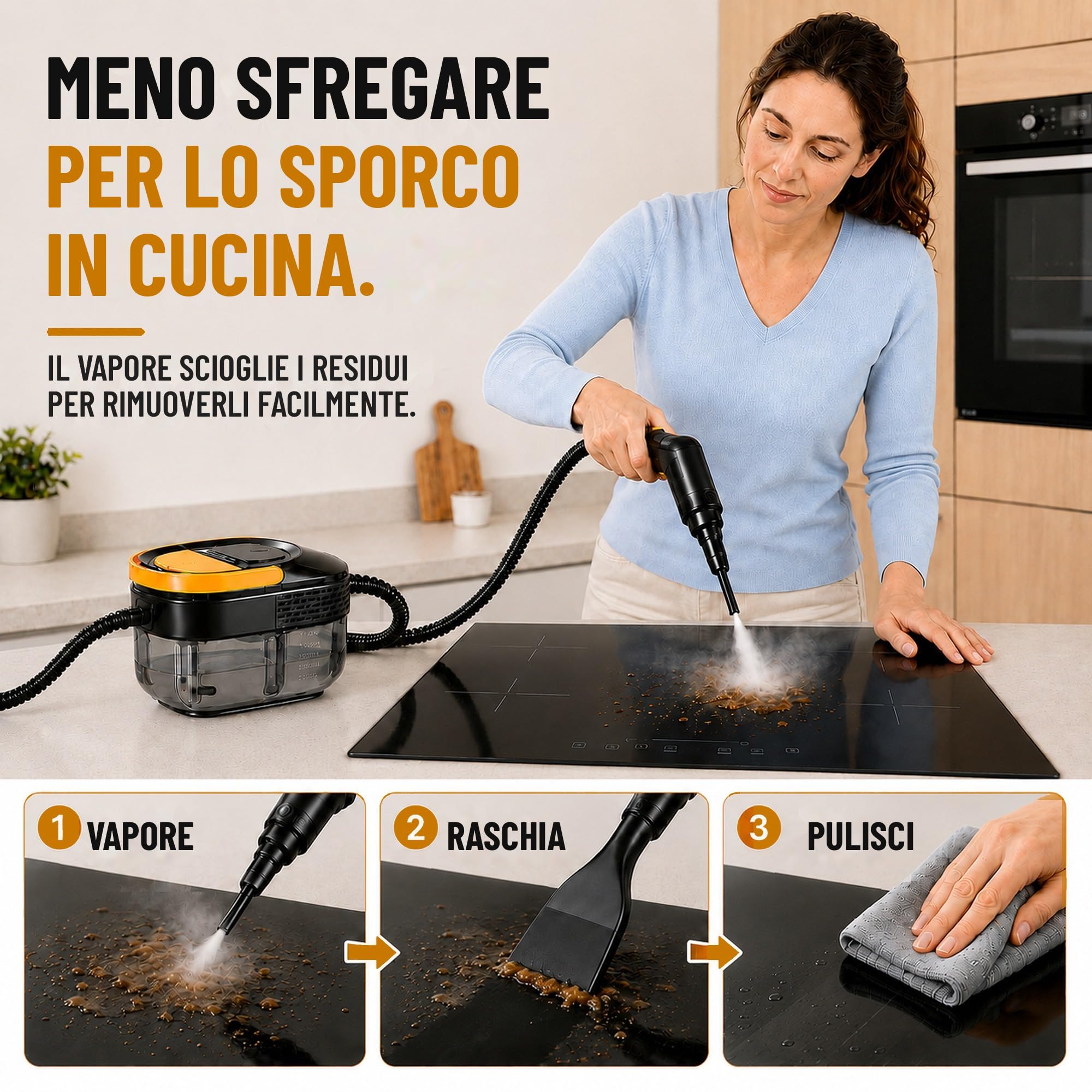 Pulitore a Vapore Portatile 17-in-1, Casa&Auto, Tempo Riscaldamento 10s, Serbatoio 1600ml, 3 Livelli Vapore Regolabili su Impugnatura, Raggio 4,5m, Accessori: Cucina, Bagno, Pavimenti, Finestre, Auto