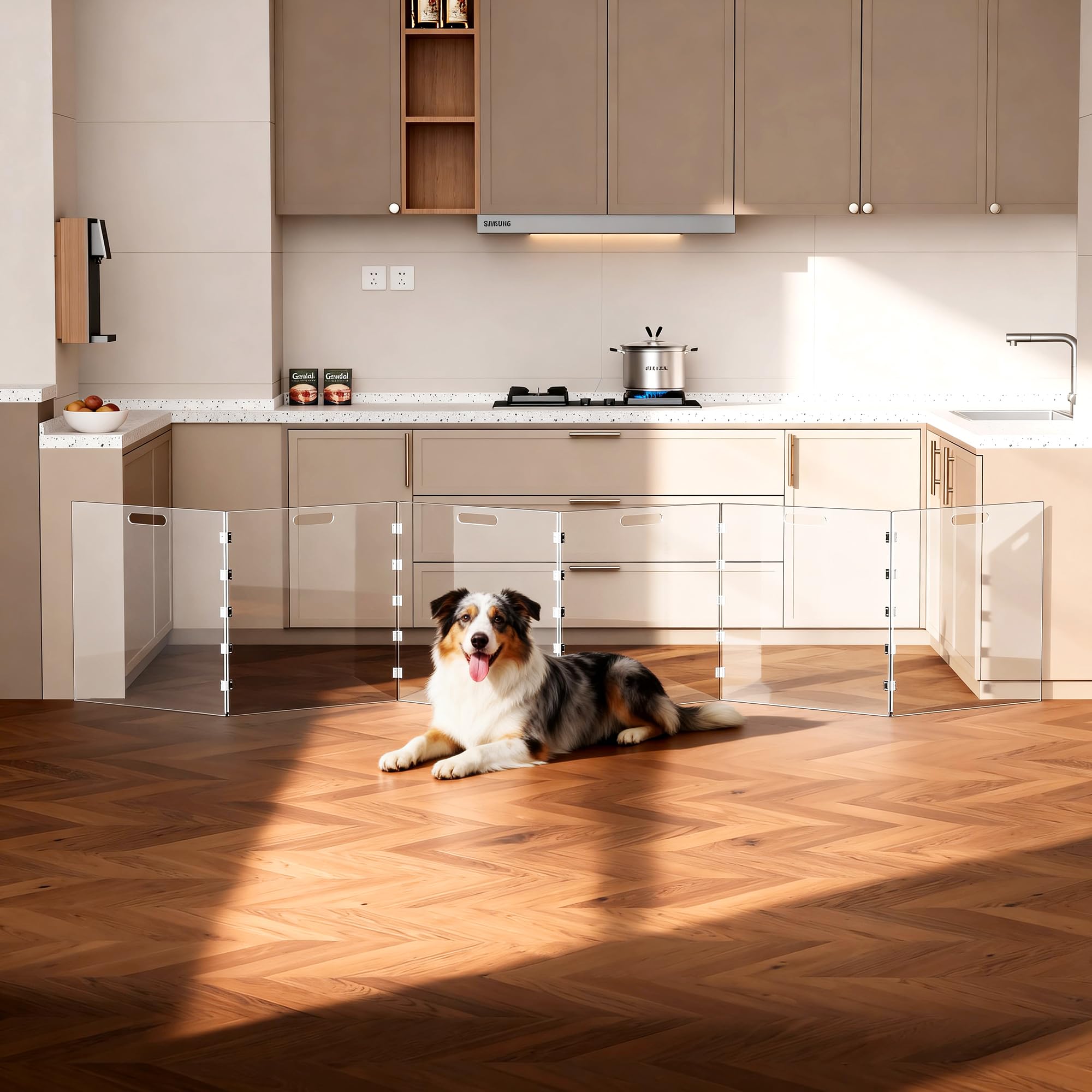 Cancello per cani in acrilico trasparente, cancello indipendente per porte interne, box pieghevole in acrilico per cani, senza fori, trasparente, 6 pannelli