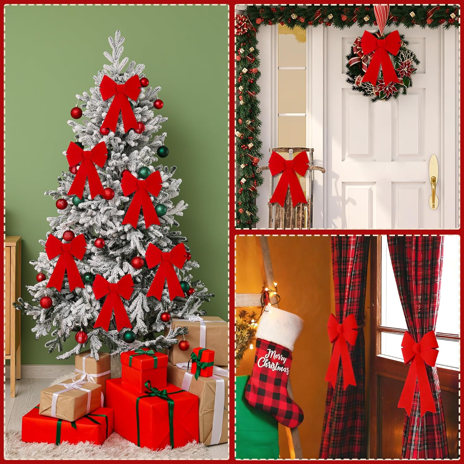 Aneco 6 Pieces Red Christmas Bows Holiday Christmas Wreaths Bows 12 x 9 Inches Xmas Red Velvet Decoration Bow for Xmas Party Decoration