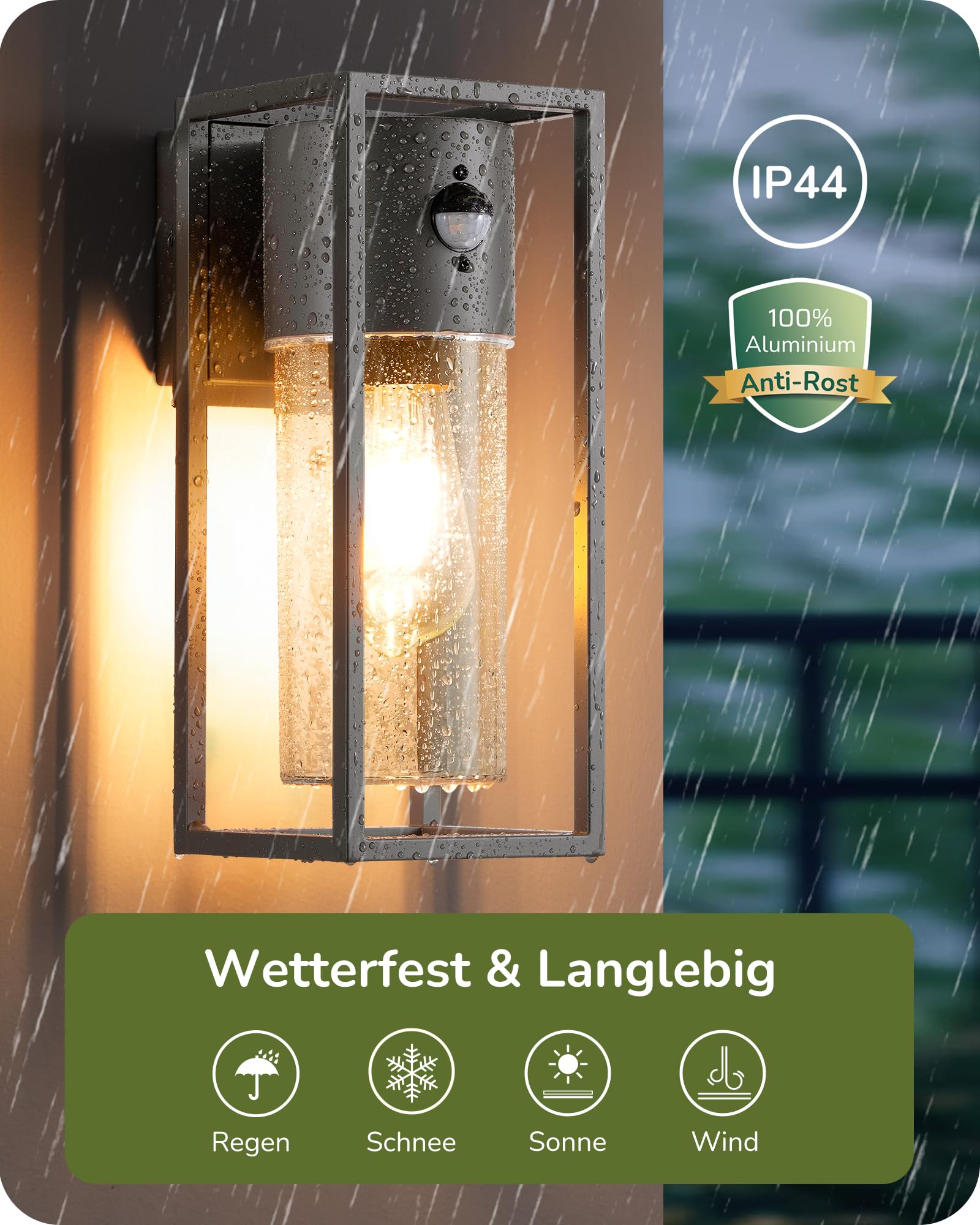 EDISHINE Zewnętrzna lampa ścienna z czujnikiem ruchu, gniazdo E27, wodoodporna IP44, lampa ścienna z aluminium i szkła hartowanego do ogrodu, na taras, fasadę, żarówki nie są dołączone, antracytowa
