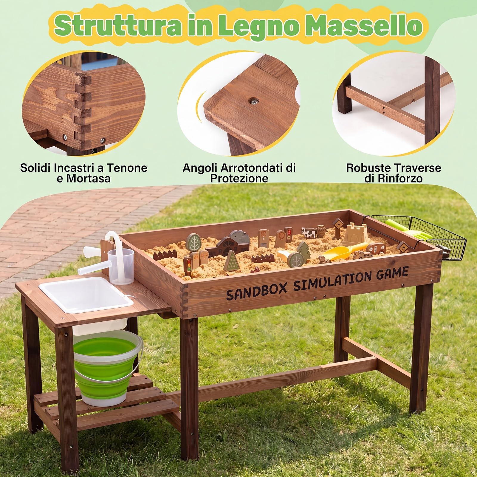 COSTWAY Sabbiera per Bambini da Esterno, in Legno con 33 Giocattoli | Tavolo Sabbiera e Acqua, Paletta e Rastrello, Tavolo Sensoriale con Pompa e Lavello Smontabile per Bambini 3+ Anni