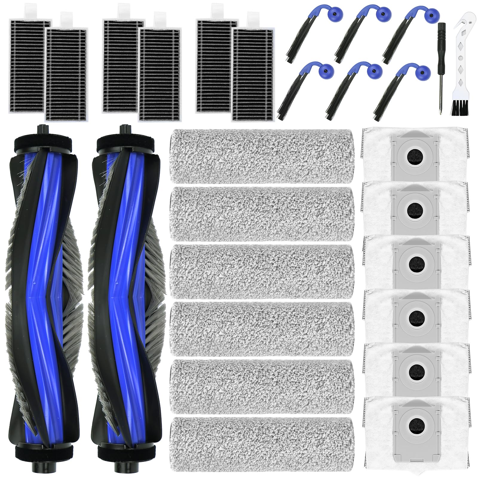 Replacement Parts Accessories Compatible with ECOVACS DEEBOT X9 PRO Omni/ X9 PRO Robot Vacuum (2 Roller Brushes + 6 Mopping Cloths + 6 Filters + 6 Side Brushes + 6 Dust Bags) (X9 PRO Omni/X9 PRO kits)