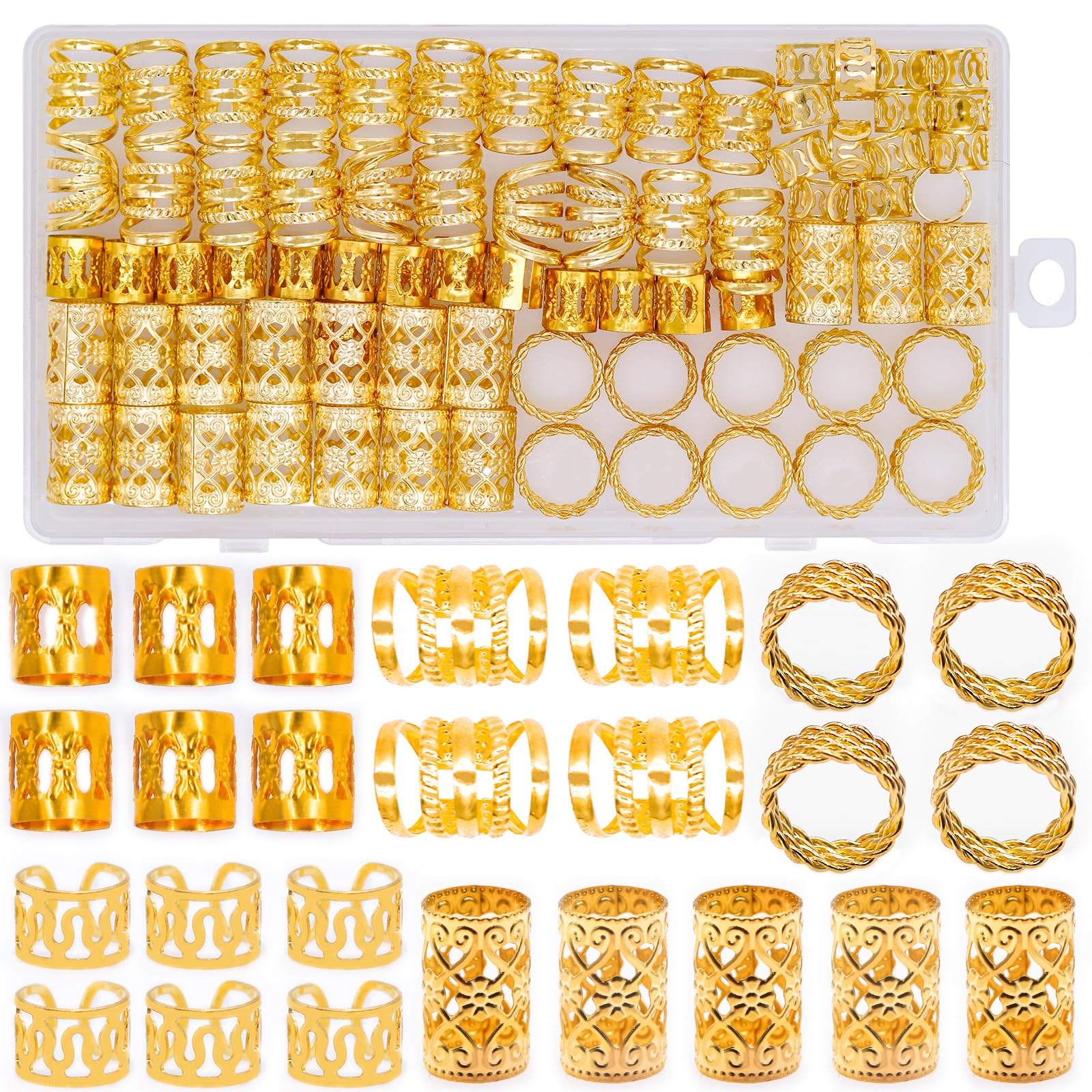 RUNYU 110 Piezas Anillos de Trenza de Pelo, Adornos para el Pelo Trenzas Doradas Anillos para el pelo para Trenzas Perlas para el pelo para Mujeres y Hombres Trenzas Decoración