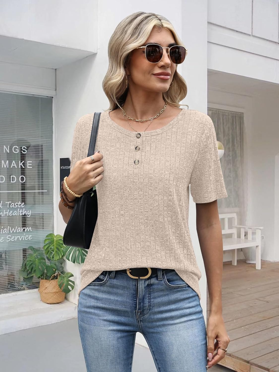 MixShe Womens Ribbed Knit Short Sleeve Tops Button Front Crew Neck Casual Lightweight Blouses - Image 5