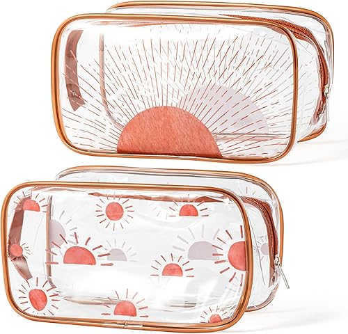 Y1tvei 2 bolsas de maquillaje de PVC transparente para el sol, color marrón, bohemio, rayos de sol, bolsa de cosméticos con estampado transparente,