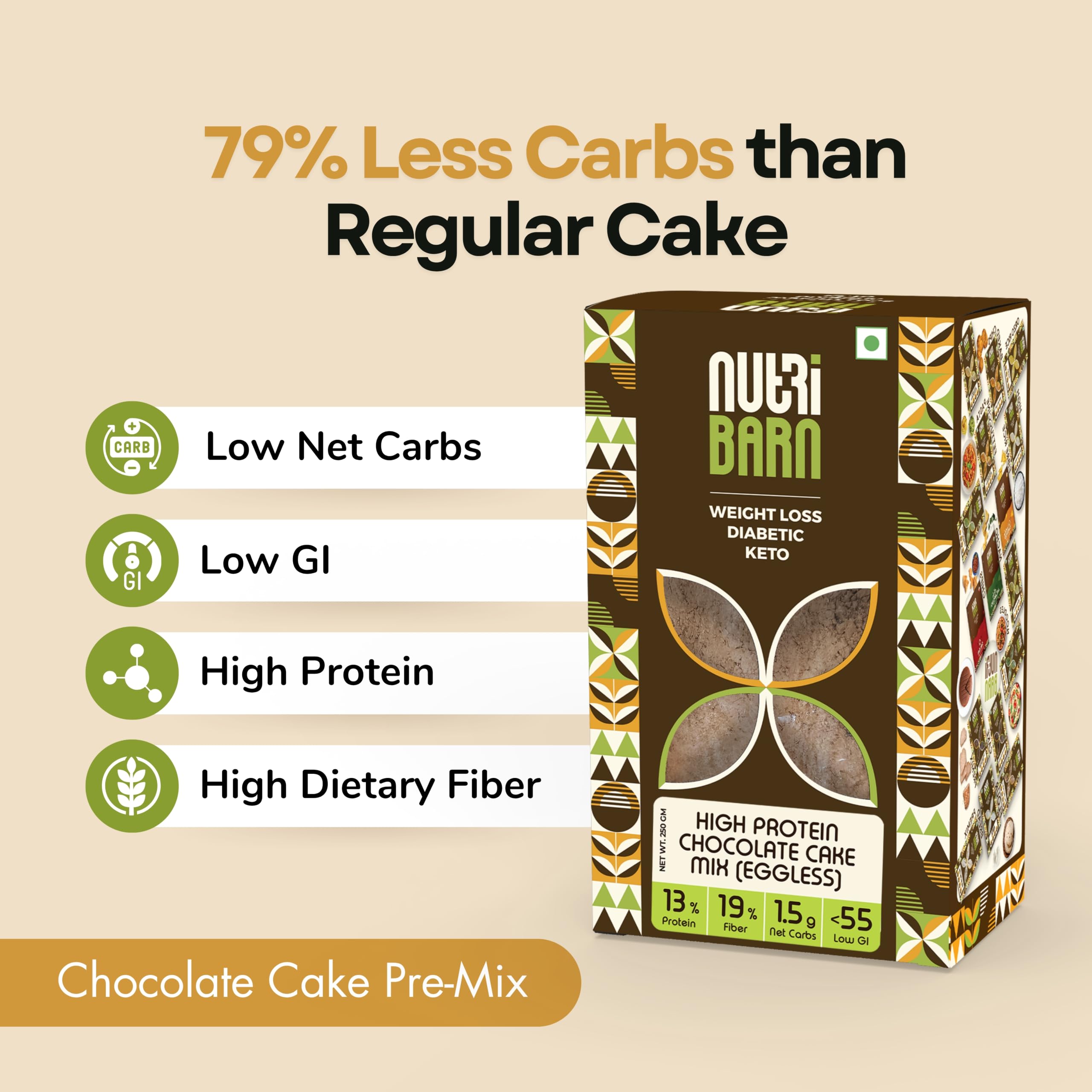 Nutribarn Keto Chocolate Sponge Cake Pre-Mix,250 Gms,1 Pack,2.8g Net Carb & 6g High Protein/Slice,Identical to Regular Cake, Ultra Low Carb, High Fibre, Low GI, For Keto Diet & Weight Loss 2