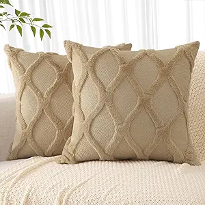 decorUhome Throw Pillow Covers 18x18 Inch Set of 2, Soft Plush Faux Fur Wool Khaki Couch Pillow Covers, Decorative Neutral Pillow Cases for Bed Sofa Living Room Home Decor