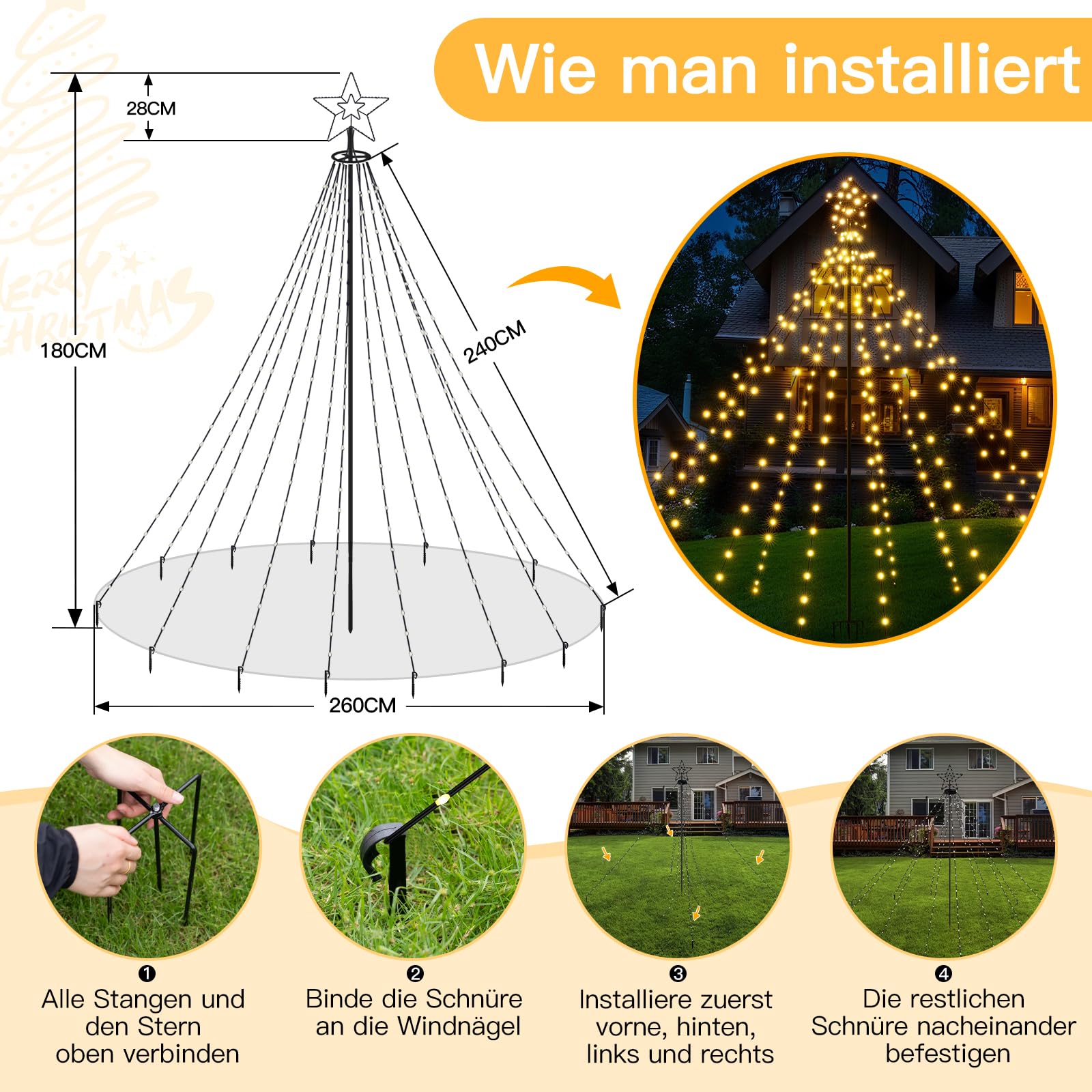 Christbaumbeleuchtung mit Ring und Sterne, 340 LEDs Lichterkette Weihnachtsbaum Warmweiß mit Fernbedienung, 8 Modi dimmbar, Timer, Weihnachtsbeleuchtung Außen für Garten, Rasen und Außenbereich