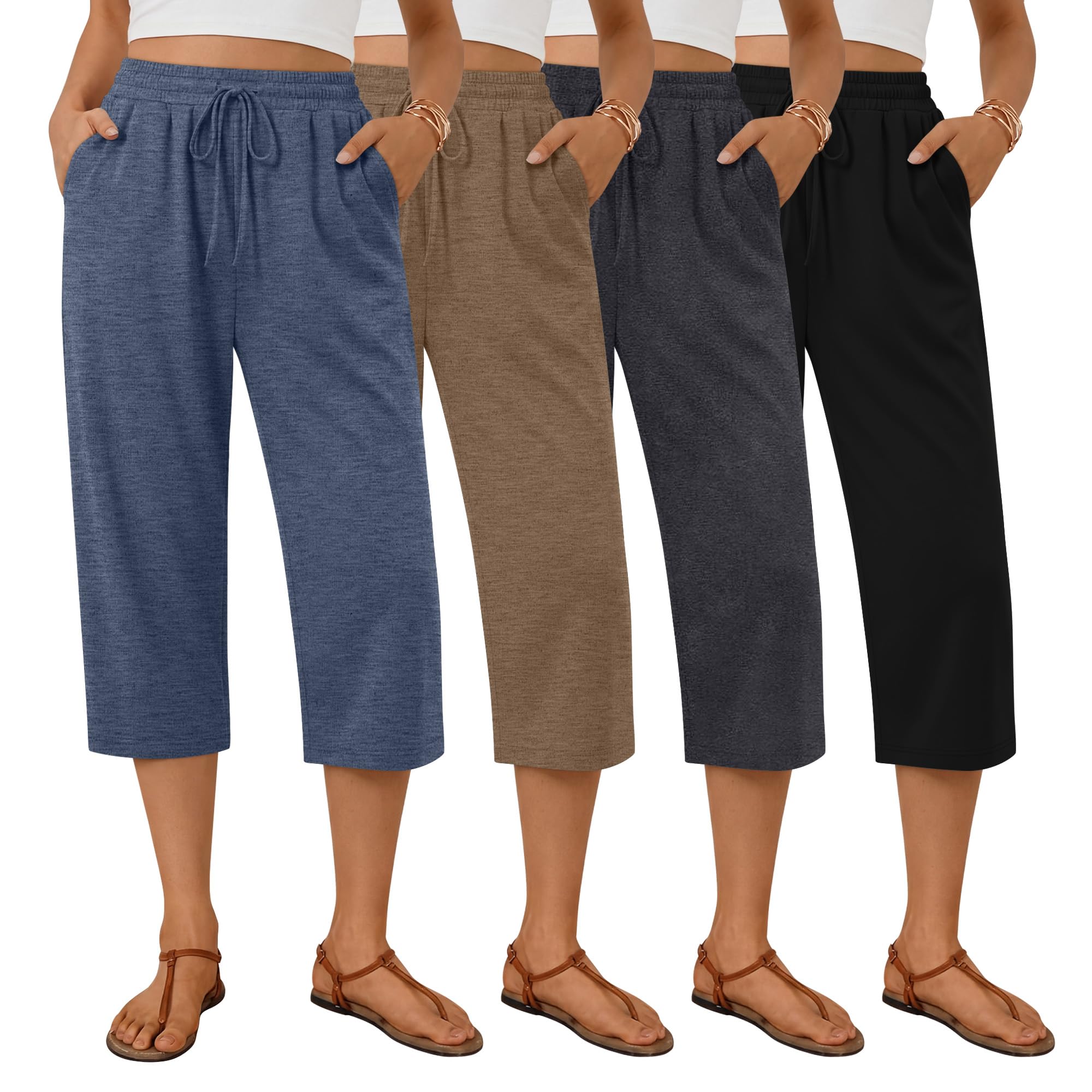 Neer Lot de 4 Pantalons Capri à Jambes Larges pour Femme - Pantalon de Yoga avec Cordon de Serrage - Coupe Ample - avec Poches