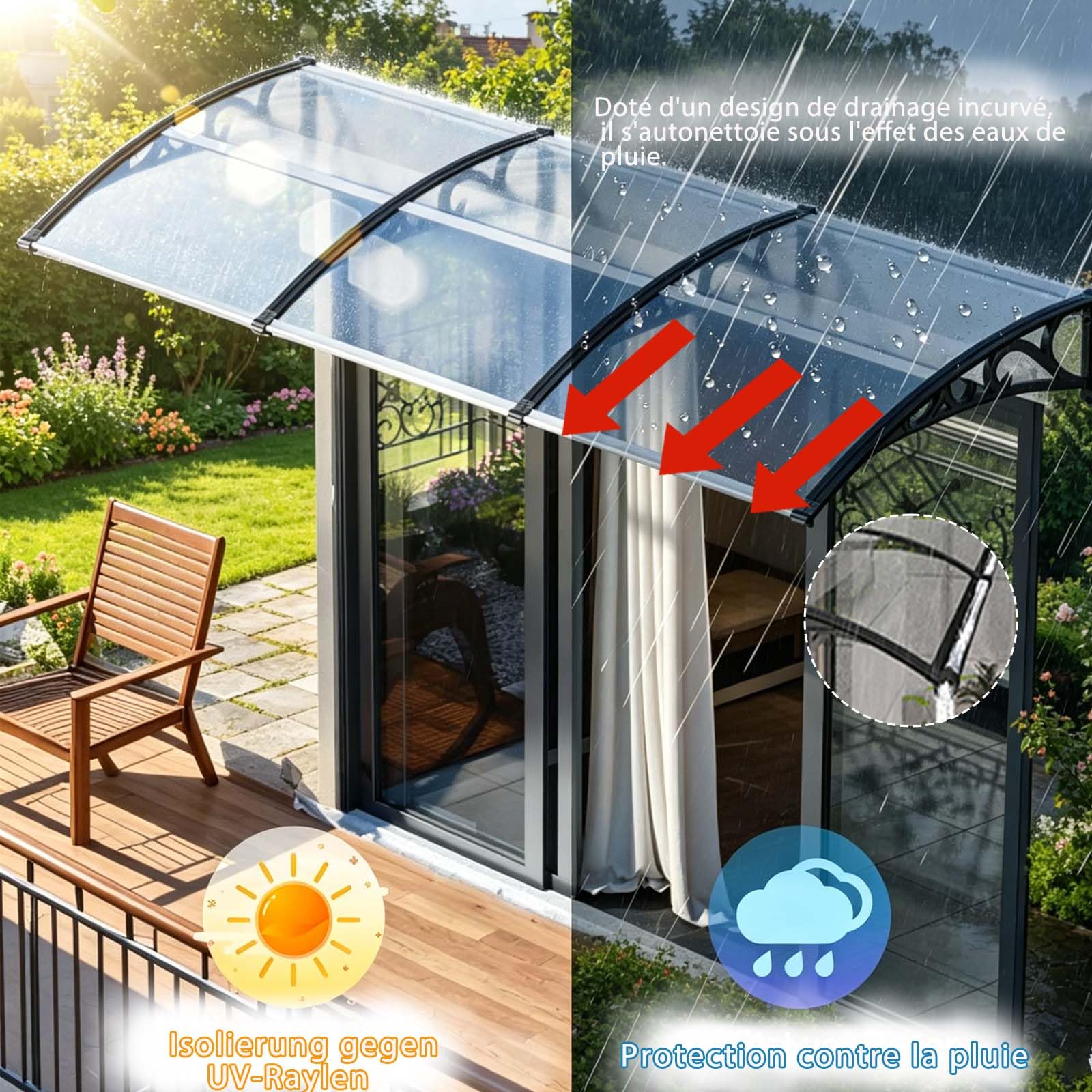 Auvent De Porte D'entrée Moderne，Toit Marquise en Polycarbonate Porte，Marquise De Porte Exterieur en Aluminium，Résistante Toit Abri Protection，avec Structure Abs，pour Terrasse, Balcon