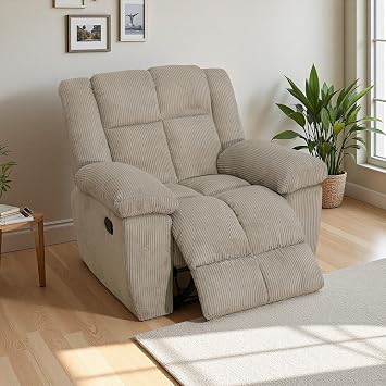 Fabric Recliner Sofa Chair, Manual Reclining Chair, Comfy Upholstered Single Recliner Couch with Padded Armrest, Modern Corduroy Living Room Furniture for Home/Office Beige, 1 Seat