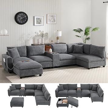 140 Oversized Modular Sectional Sofa with Console, U Shaped Couch Set with USB Charger,Cup Holder,Movable Storage Ottoman,Removable Storage Pockets,6 Seat Corduroy Couch for Living RoomGray