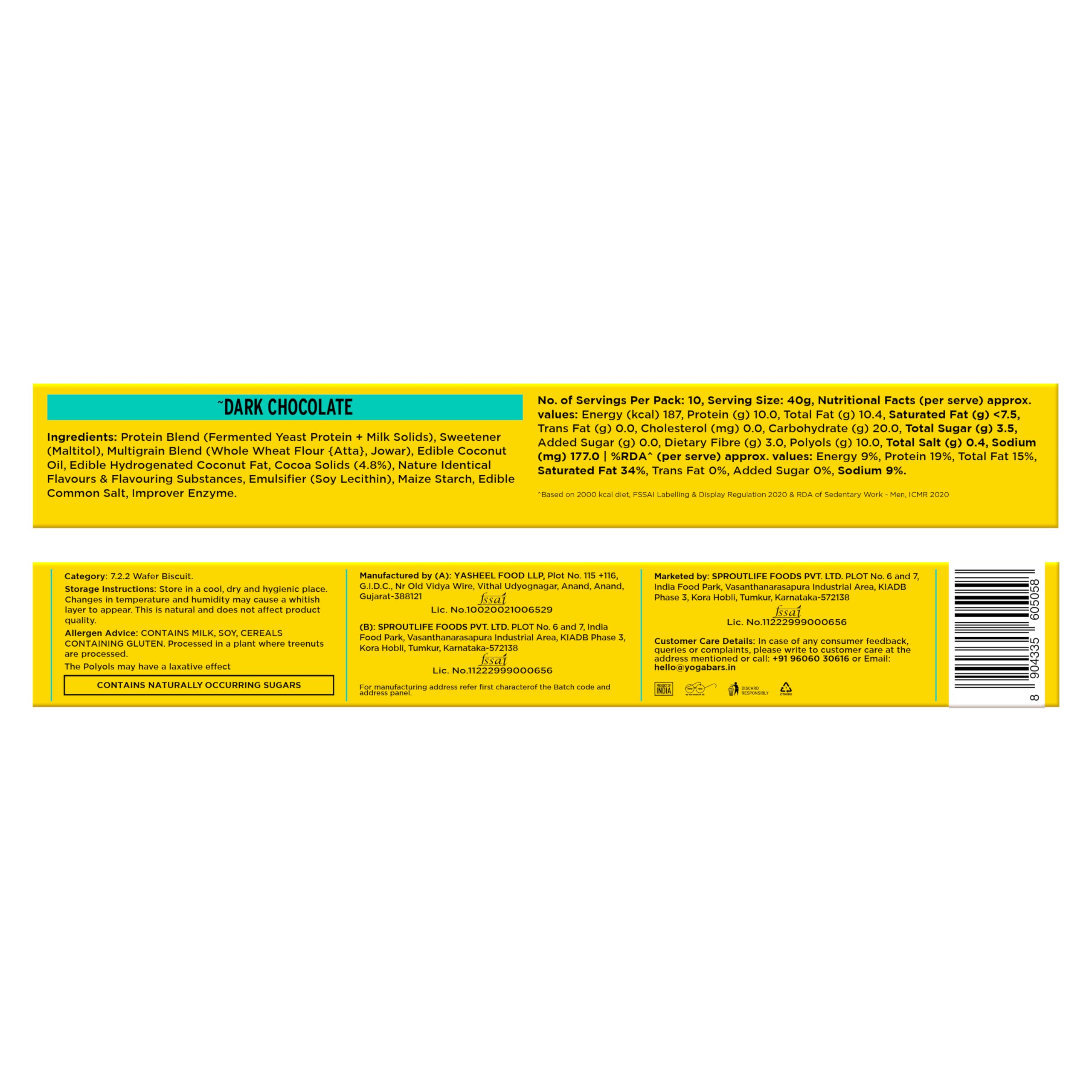 Yogabar 10g Protein Wafer Bars | Dark Chocolate Flavor | Crunchy High-Protein Snack | Source of Protein & Fiber | 0% Maida | Made with Millets | 40g Each | Pack of 10 — Amazon image 2