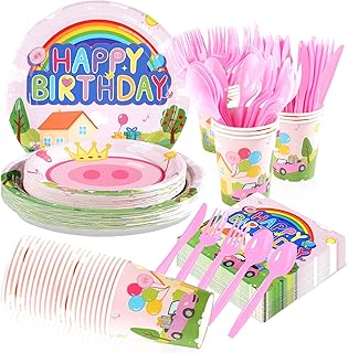 168Pcs Pink Pig Birthday Party Decorations Pink Piggy Plates Napkins Cups Forks Knives Spoons Cartoon Pig Theme Disposable Paper Tableware for Kids Girls Birthday Baby Shower Party Supplies, Serves 24