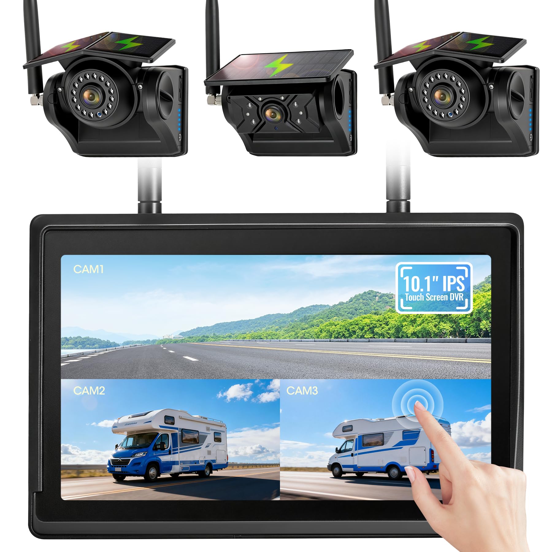 Photo 1 of HEECOOMI 3 Solar Magnetic Wireless Camera System, 10.1" IPS DVR Touchscreen, 3x9600mAh Rechargeable Sideview + Rearview Cameras, IP69K Waterproof & IR Night Vision for Hitching Trailer Camper, AT3