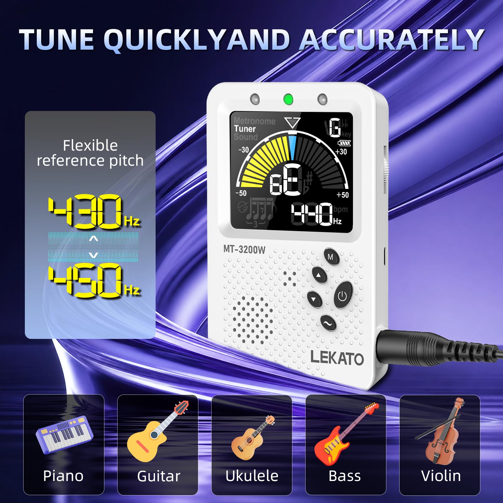 LEKATO Accordeur métronome numérique rechargeable 3 en 1 avec battement vocal humain pour tous les instruments – Guitare, basse, violon, ukulélé, accordeur multifonction chromatique (blanc)
