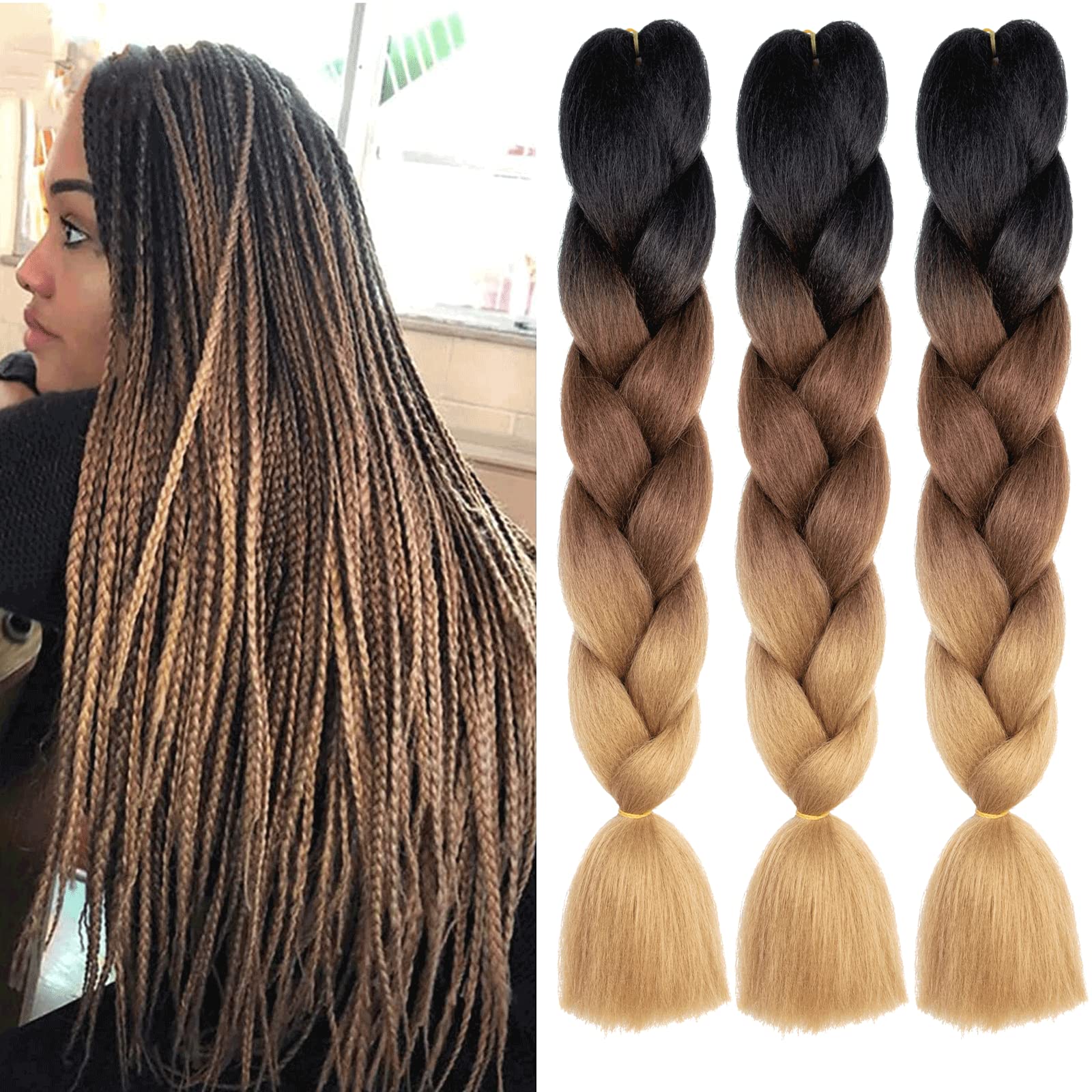 3Packs 3 Tone Jumbo Braiding Hair 24 Inch Synthetic Afro Braiding Hair Extensions for Box Braids and Twist Crochet Braid Hair (3Packs, Black/Dark Brown/Light Brown#)