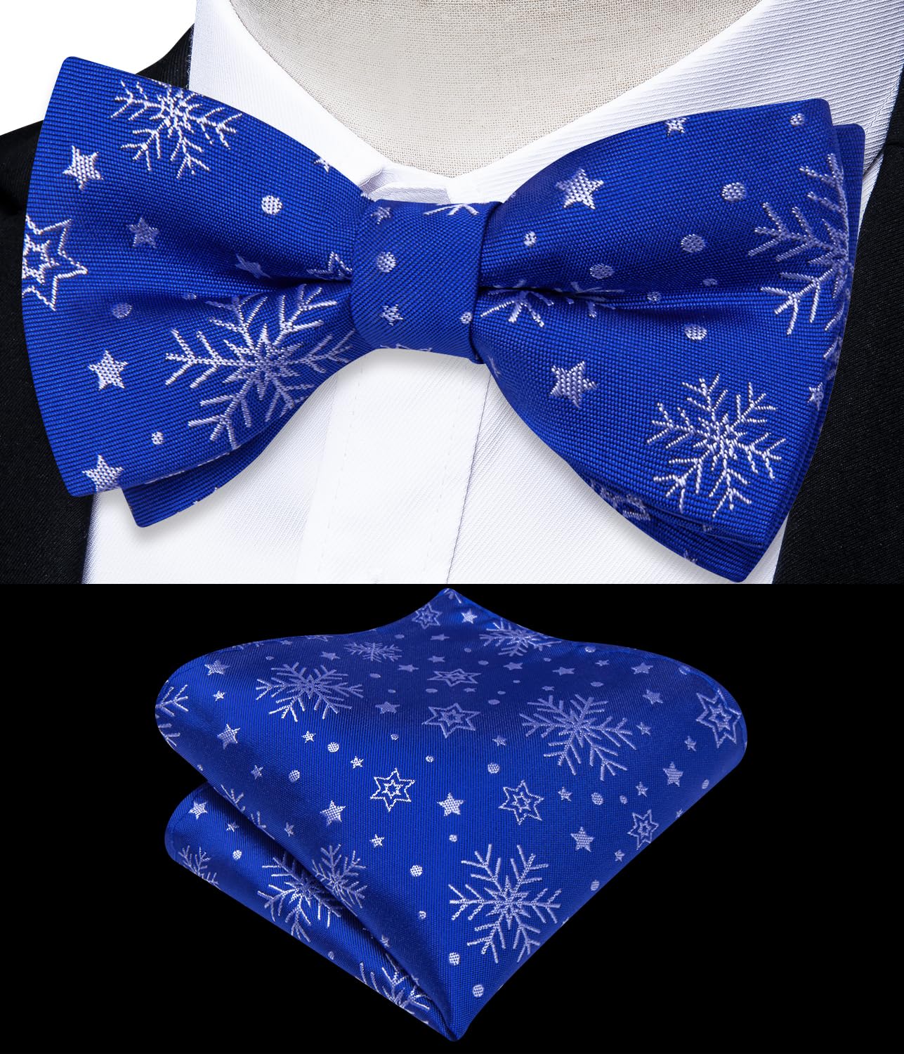 DiBanGu Boys Christmas Bowtie Set Silk Xmas Holiday Pre-tied Bowtie and pocket Square for Kids Festive Bow Tie with Gift Box, Royal Blue and White Snowflake