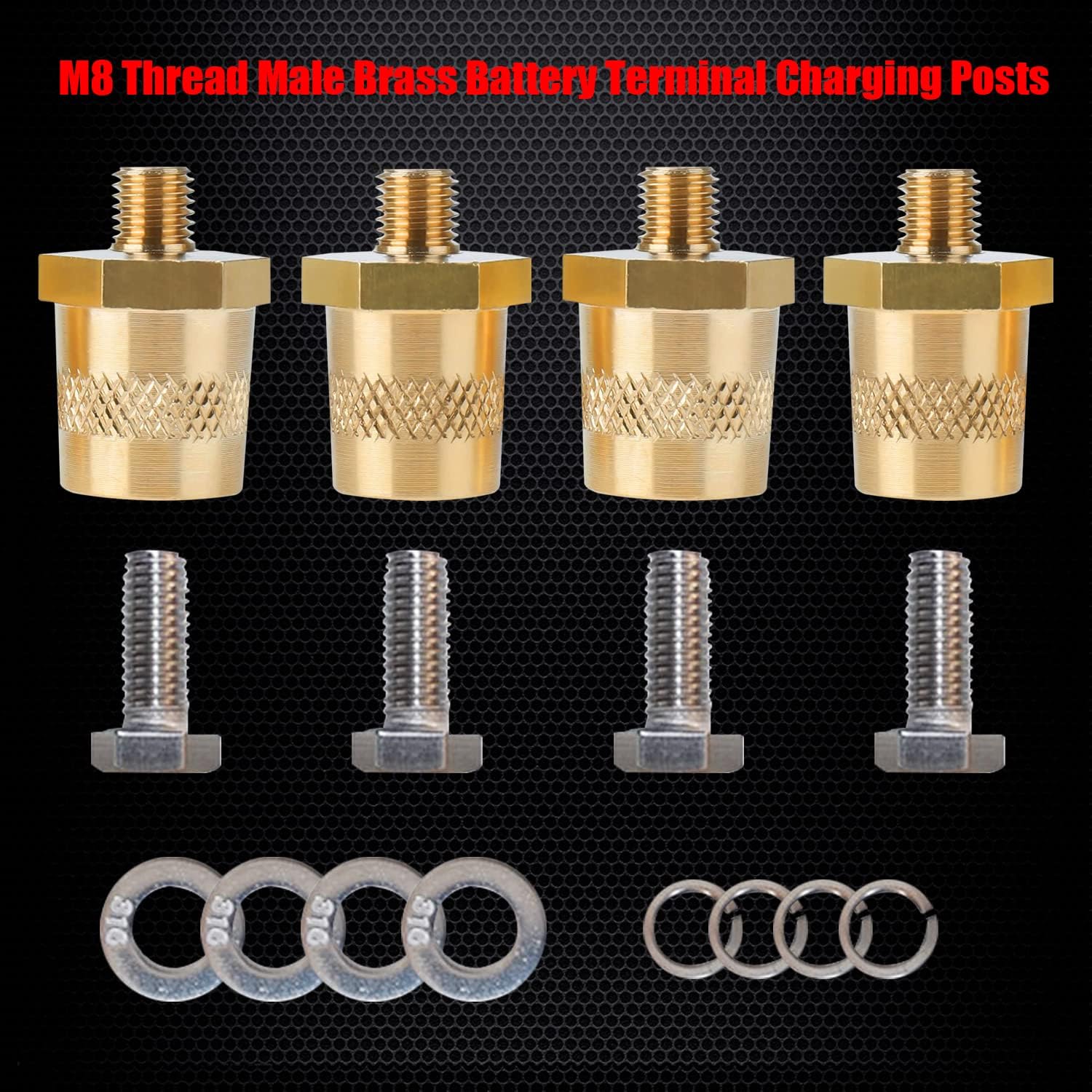 Ampper M8 Thread Male Brass Battery Charging Post Terminals, M8 Battery Post Adapter (+/-) with Top Bolts for Extension, Pack of 4