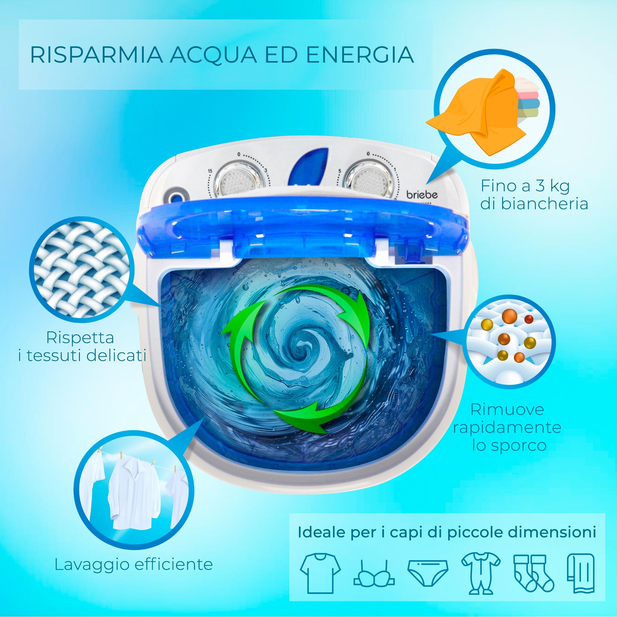 Briebe Camp Mini Lavatrice Portatile Con Centrifuga, Campeggio, Capacità Abbigliamento 3Kg, Ideale Viaggi e Camper, Carico Superiore, Basso Consumo Acqua ed Energia, WM1111